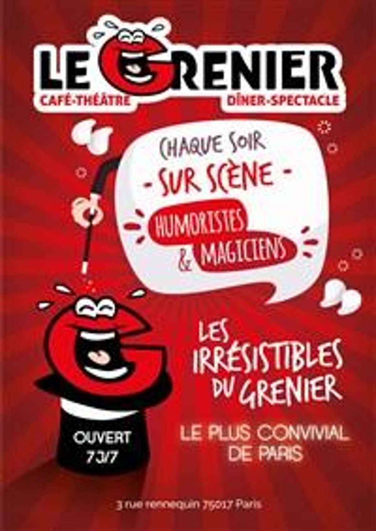 Spectacle Le Grenier du rire dîner spectacle à Paris jusqu'au 30/12/2026